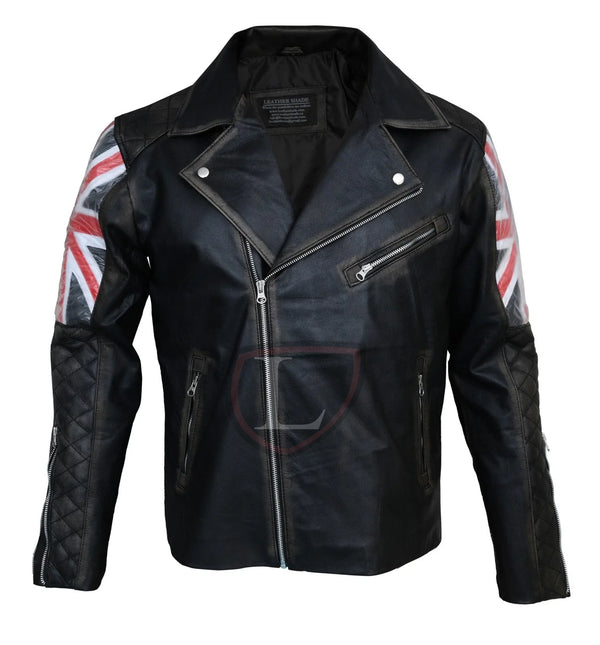 Men's Black Cafe Racer Biker Leather Jacket with Union Jack Flag