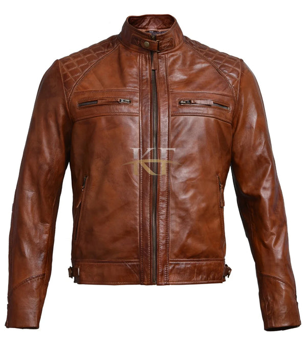 Men's Brown Distressed Quilted Leather Motorcycle Jacket – Slim Fit