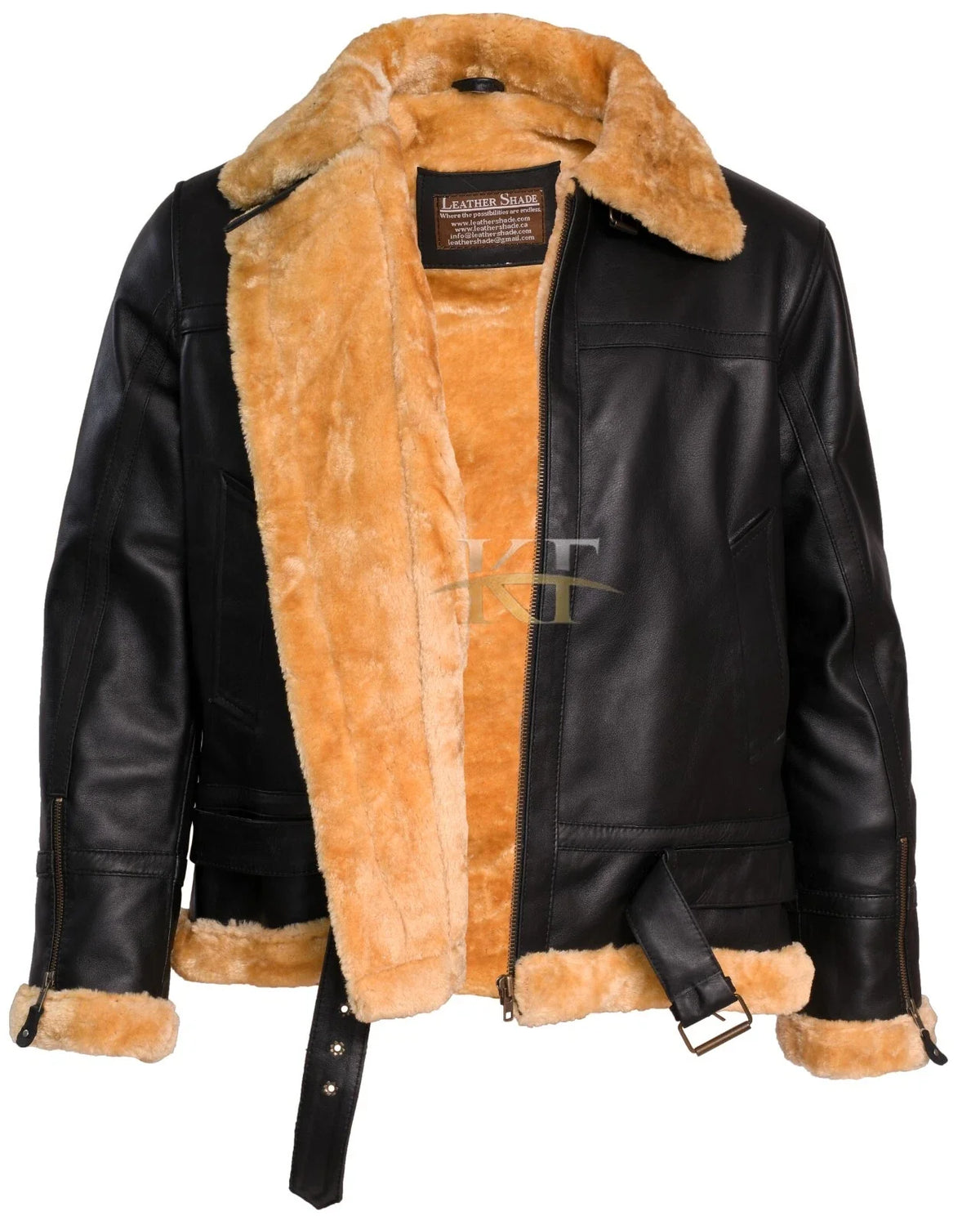 Men's Aviator RAF B3 Black Leather Bomber Jacket with Ginger Fur Collar