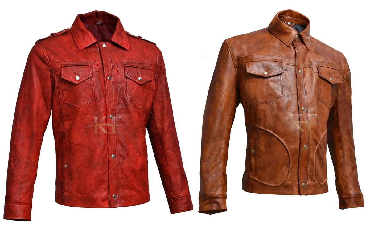 Men's Tan Timber Washed Leather Shirt Jacket – Slim Fit Smart Casual