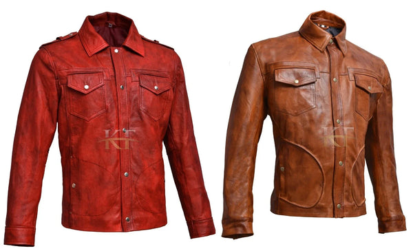 Men's Tan Timber Washed Leather Shirt Jacket – Slim Fit Smart Casual