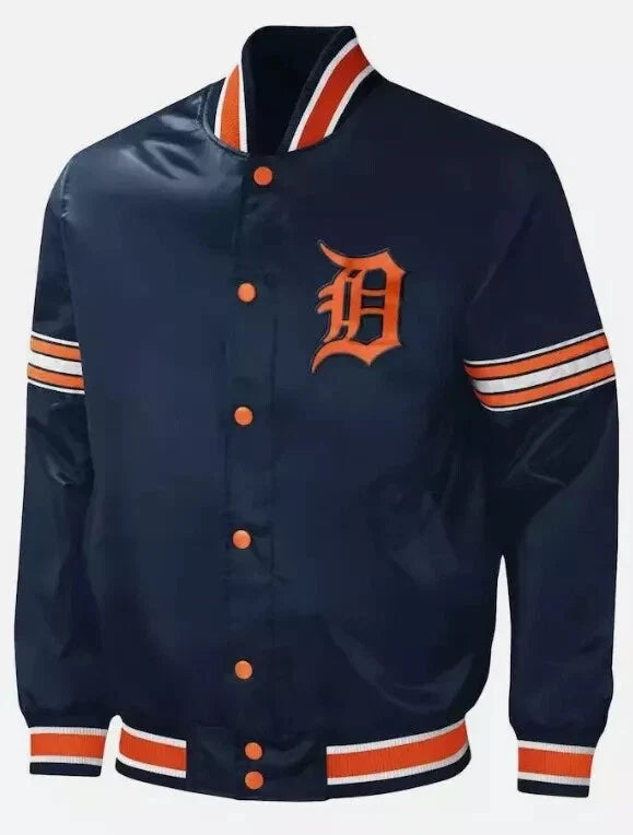 Detroit Tigers Inspired Navy Blue Satin Bomber Letterman Varsity Jacket