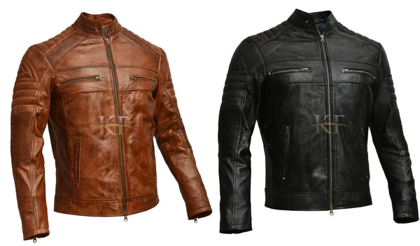 Men's Vintage Biker Distressed Brown and Black Cafe Racer Leather Jacket