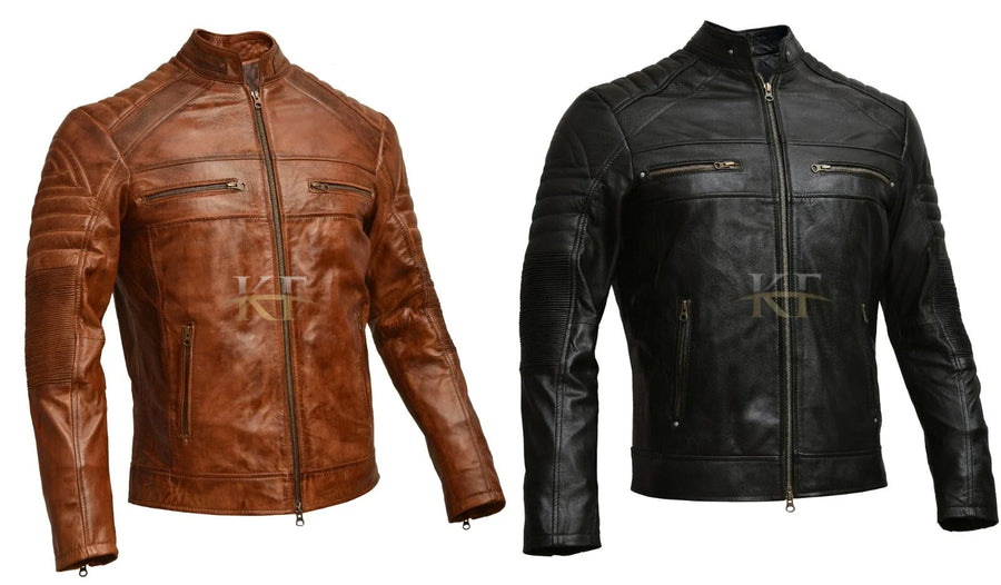 Men's Vintage Biker Distressed Brown and Black Cafe Racer Leather Jacket
