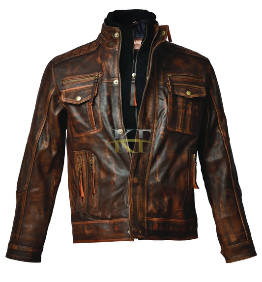 Vintage Biker Motorcycle Distressed Brown Cafe Racer Genuine Leather Jacket