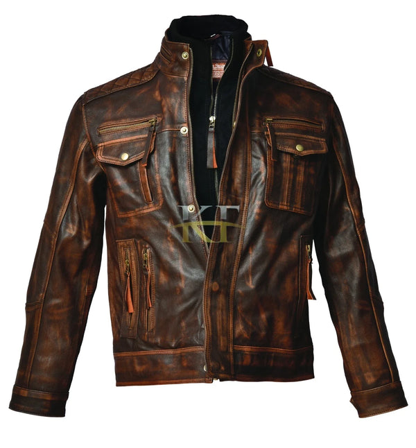 Vintage Distressed Brown Cafe Racer Biker Motorcycle Leather Jacket