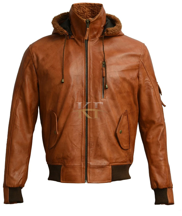 B3 Bomber Rust Tan Brown Leather Jacket – Removable Fur Collar and Hood