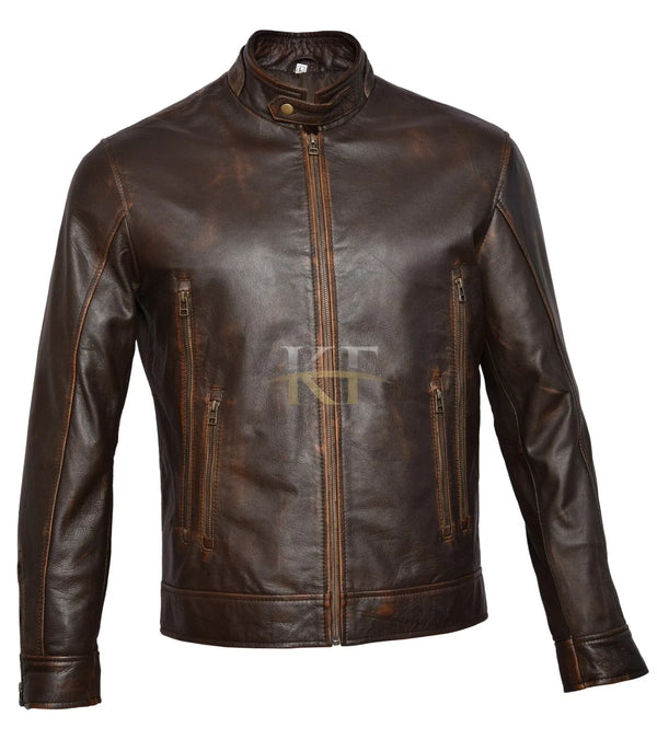 Men's Vintage Distressed Brown Cafe Racer Genuine Leather Jacket