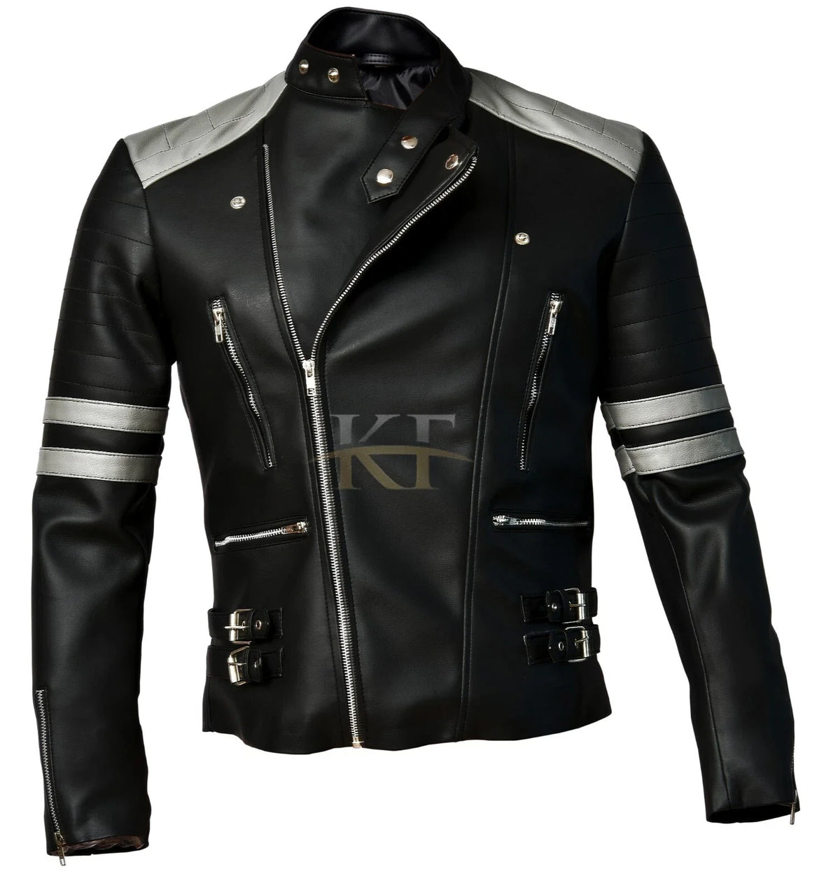 Classic Brando Biker Black and Grey Retro Motorcycle Leather Jacket