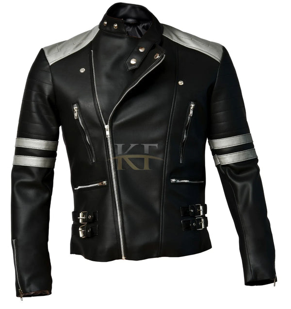 Classic Brando Biker Black and Grey Retro Motorcycle Leather Jacket