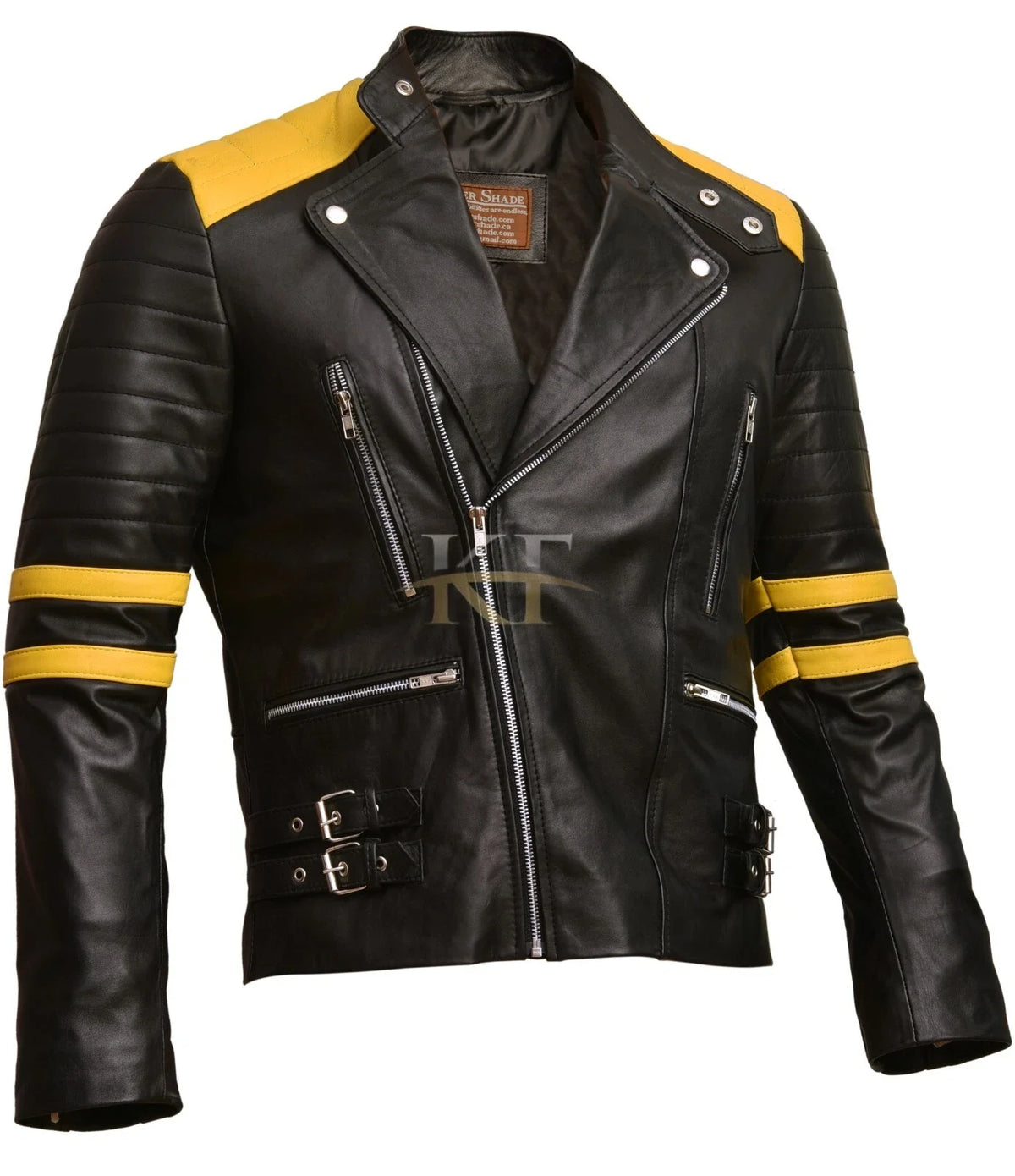 Classic Brando Biker Black and Yellow Retro Motorcycle Leather Jacket