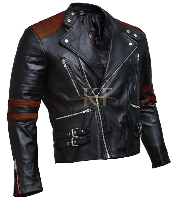Classic Brando Biker Black and Brown Retro Motorcycle Leather Jacket