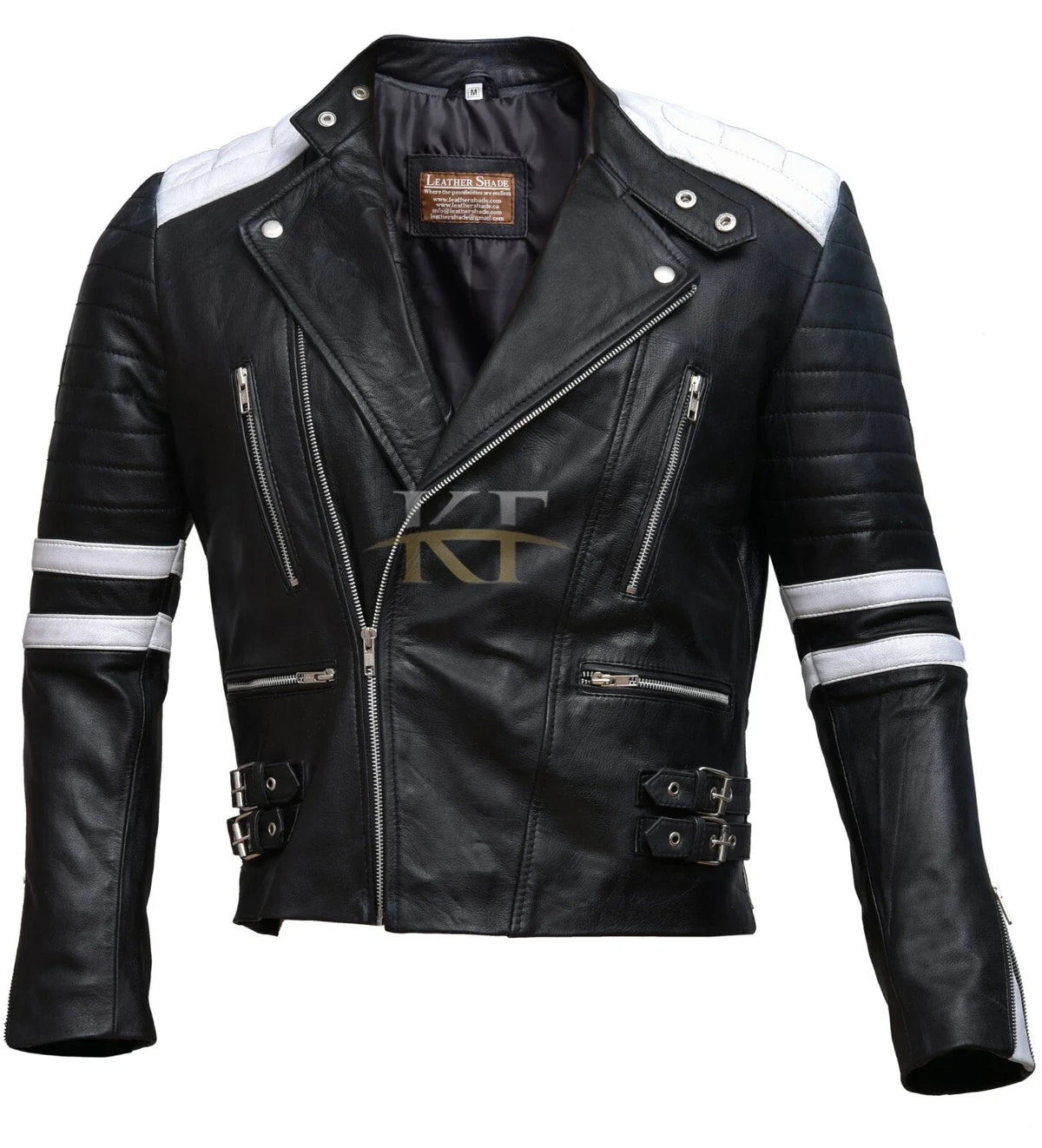 Classic Brando Biker Black and White Retro Motorcycle Leather Jacket