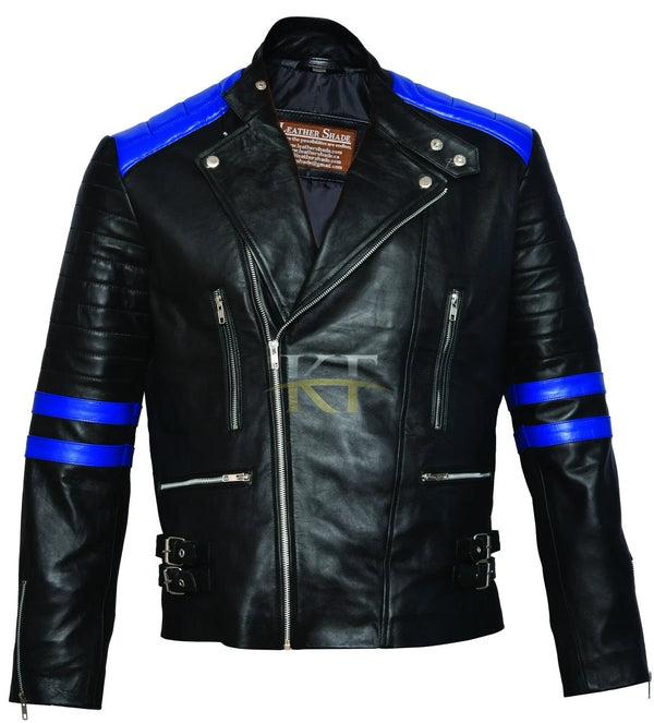 Classic Brando Biker Black and Blue Retro Motorcycle Leather Jacket