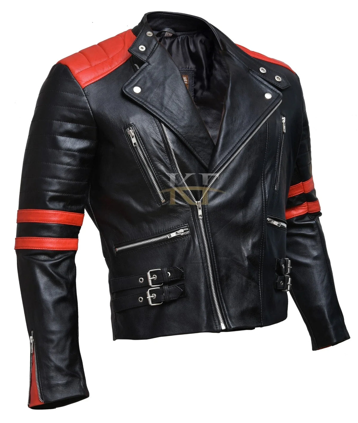 Classic Brando Biker Black and Red Retro Motorcycle Leather Jacket