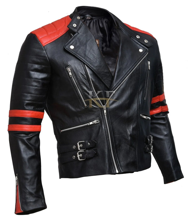 Classic Brando Biker Black and Red Retro Motorcycle Leather Jacket