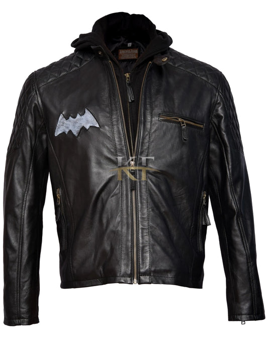 BATMAN ARKHAM SUPER HERO LOGO MOTORCYCLE BIKER REAL LEATHER BLACK MEN'S JACKET