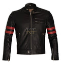 Fight Club Inspired Black Moto Biker Leather Jacket with Red Stripes