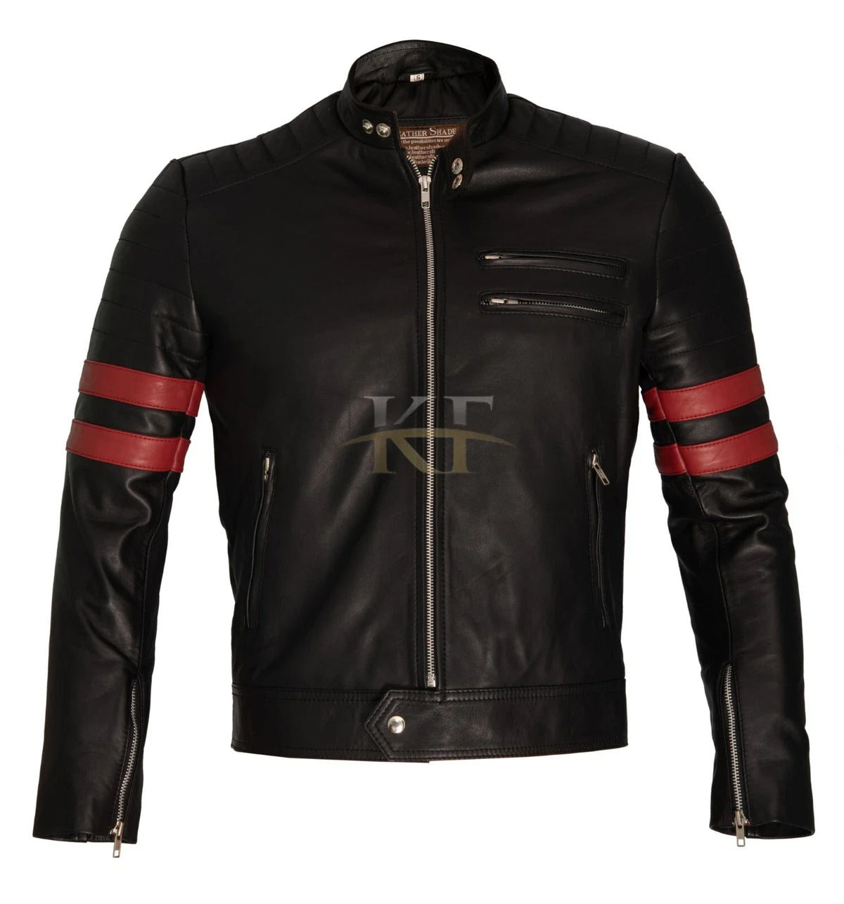 Fight Club Inspired Black Moto Biker Leather Jacket with Red Stripes