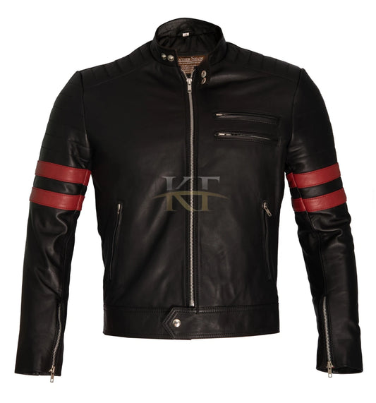 Fight Club Retro Mayhem Black Moto Biker Real Leather Jacket with Red Stripes