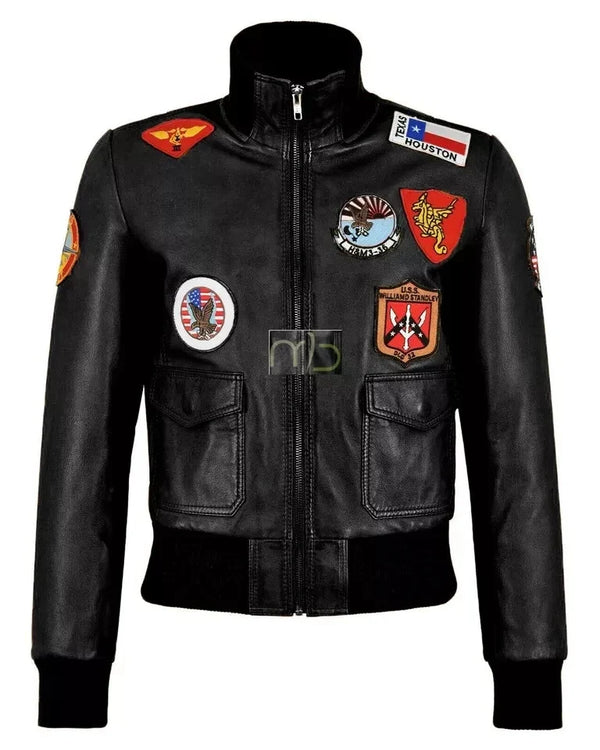 Top Gun Inspired Men's Brown & Black Biker Bomber Leather Jacket
