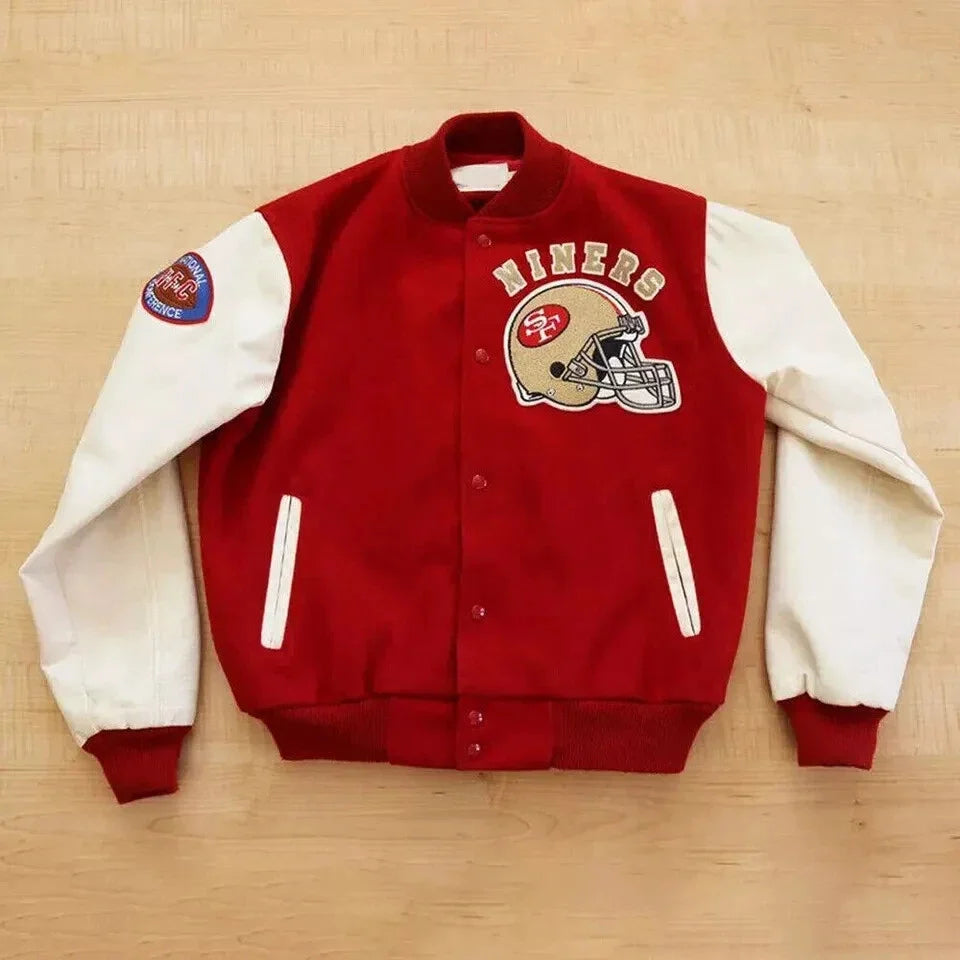 49ers Inspired 80's Wool Varsity Jacket with White Leather Sleeves