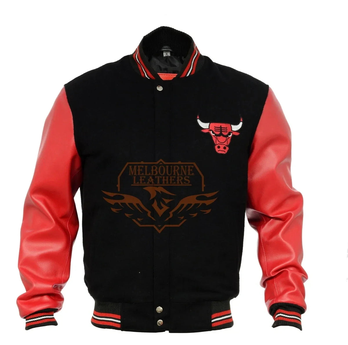 Men's Chicago Bulls Real Leather and Real Wool Black and Red Varsity Jacket