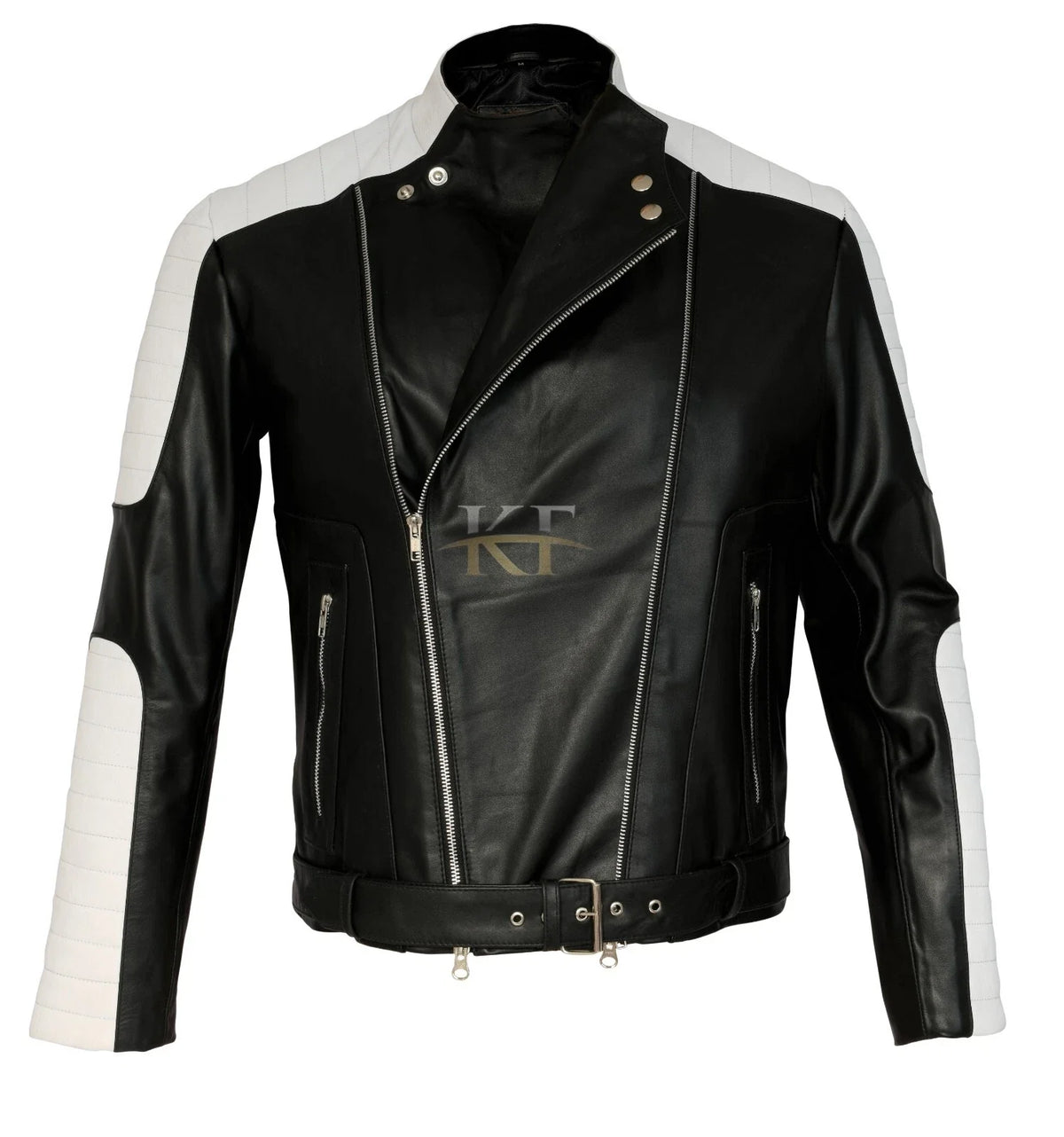 New Brando Biker Vintage Black & White Red Retro Motorcycle Real Leather Jacket