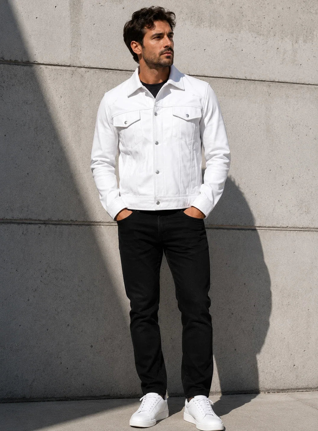 Men's White Genuine Leather Trucker Jacket – Snap Button Western Coat