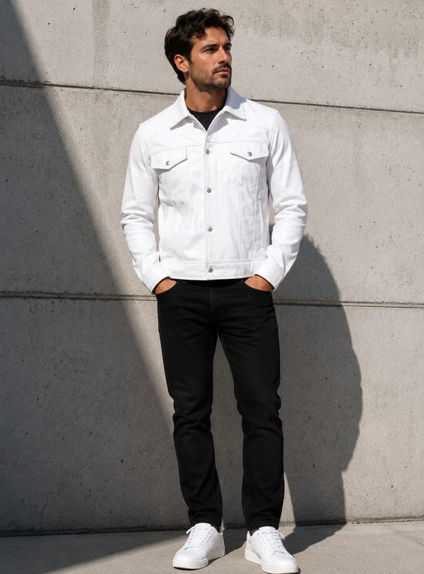 Men's White Genuine Leather Trucker Jacket – Snap Button Western Coat