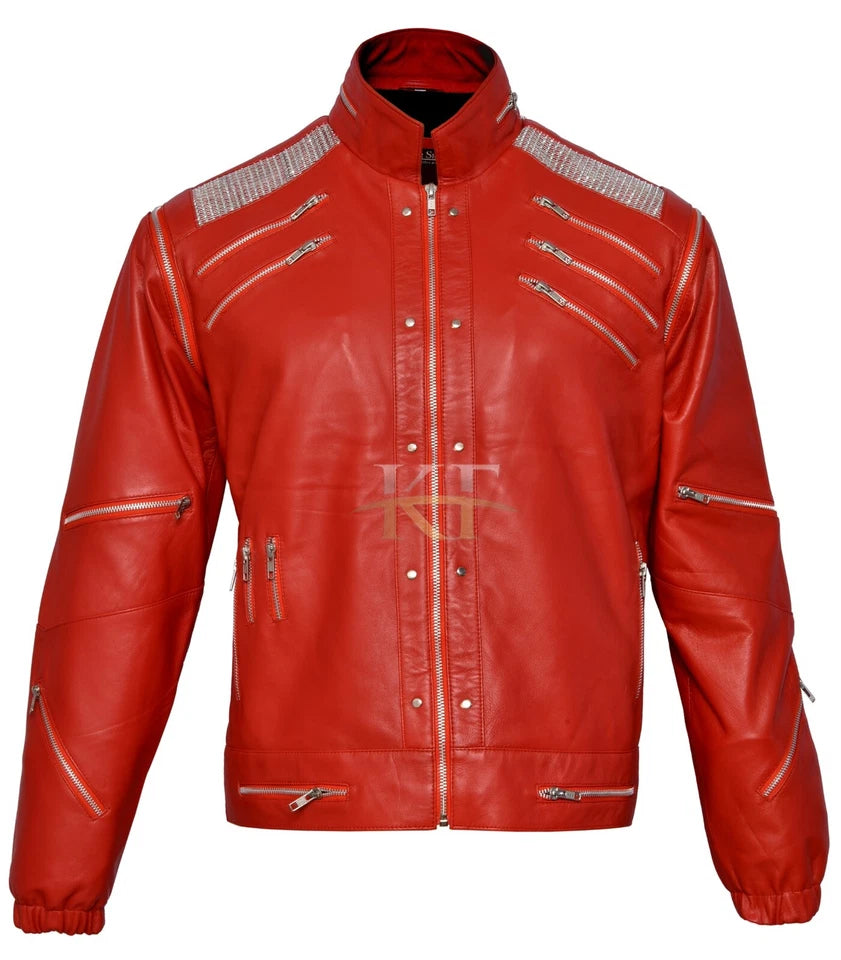 Michael Jackson Beat It MJ White, Red & Black Men's Leather Jacket - All sizes