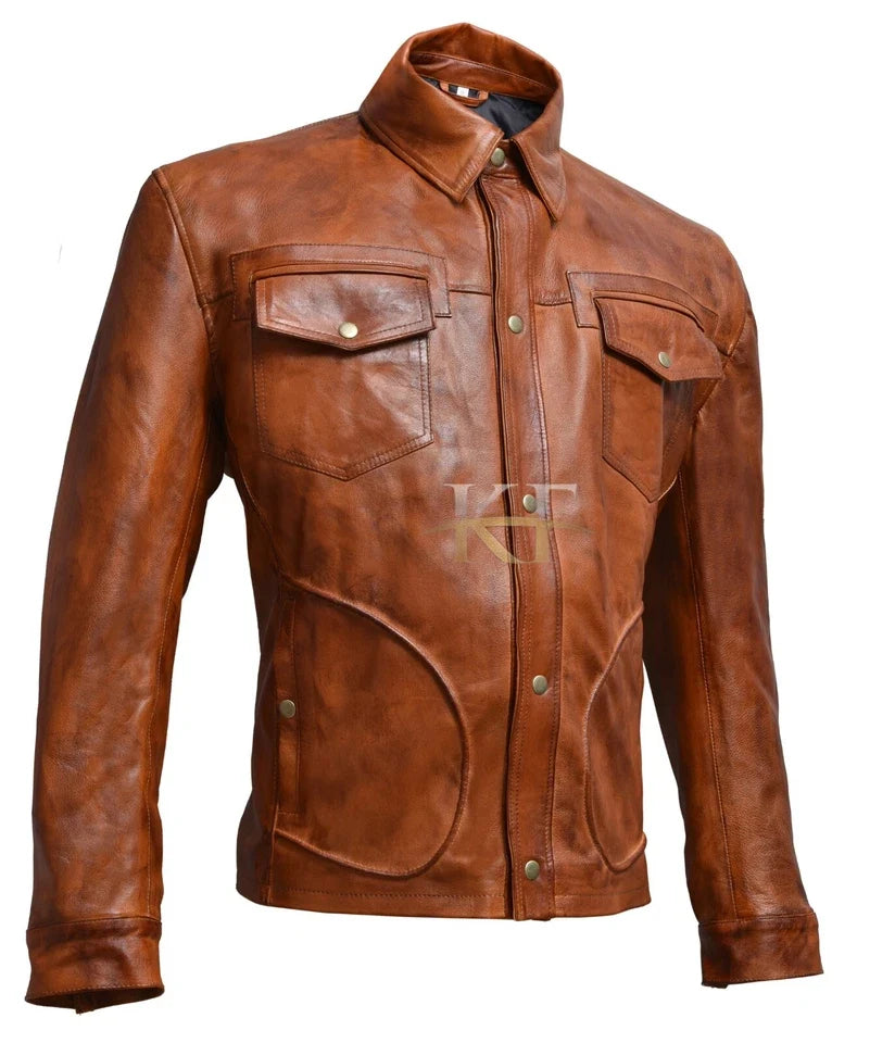 Men's Tan Timber Washed Leather Shirt Jacket – Slim Fit Smart Casual