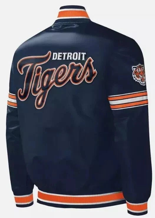 Detroit Tigers Inspired Navy Blue Satin Bomber Letterman Varsity Jacket