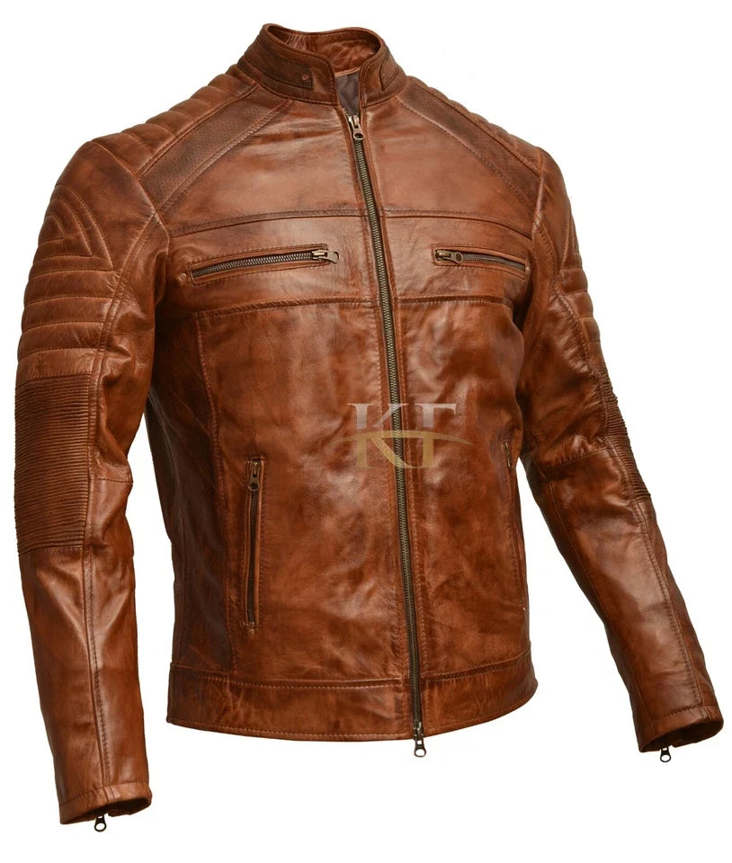 Men's Vintage Biker Distressed Brown and Black Cafe Racer Leather Jacket
