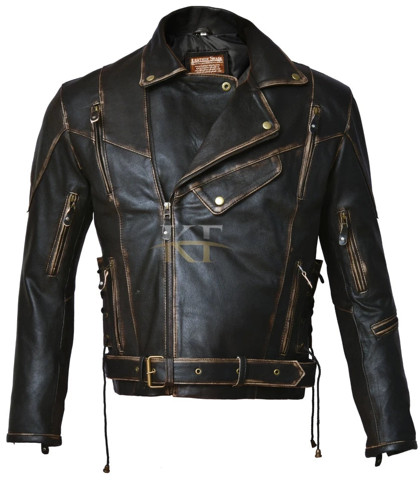 Men’s Distressed Brown Terminator 2 Cafe Racer Vintage Biker Real Leather Jacket