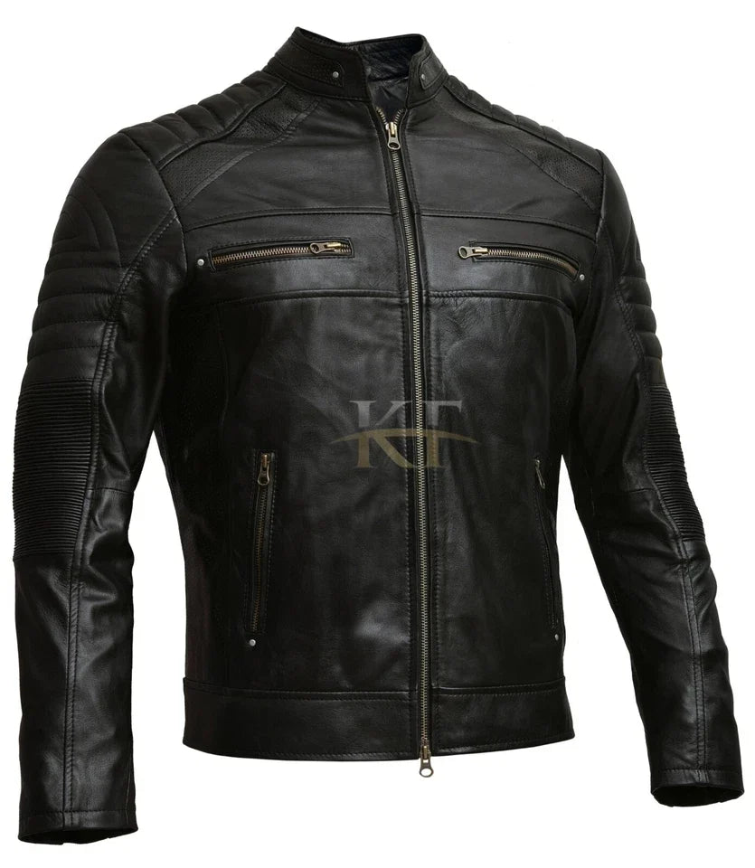 Men's Vintage Biker Distressed Brown and Black Cafe Racer Leather Jacket