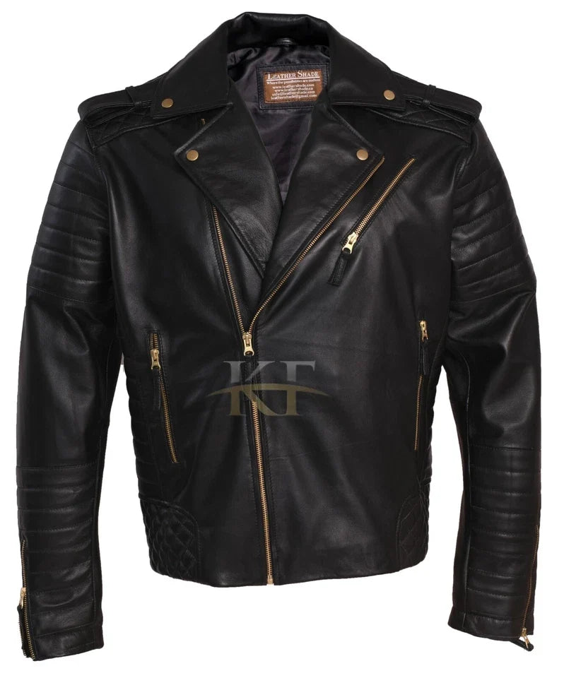 Men's Black Lambskin Leather Motorcycle Biker Jacket – Gold Zippers