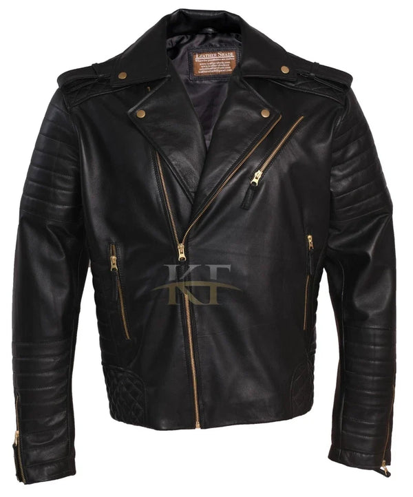 Men's Black Lambskin Leather Motorcycle Biker Jacket – Gold Zippers