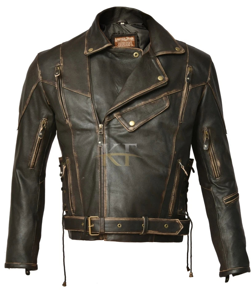 Men’s Distressed Brown Terminator 2 Cafe Racer Vintage Biker Real Leather Jacket