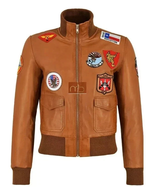 Top Gun Inspired Men's Brown & Black Biker Bomber Leather Jacket