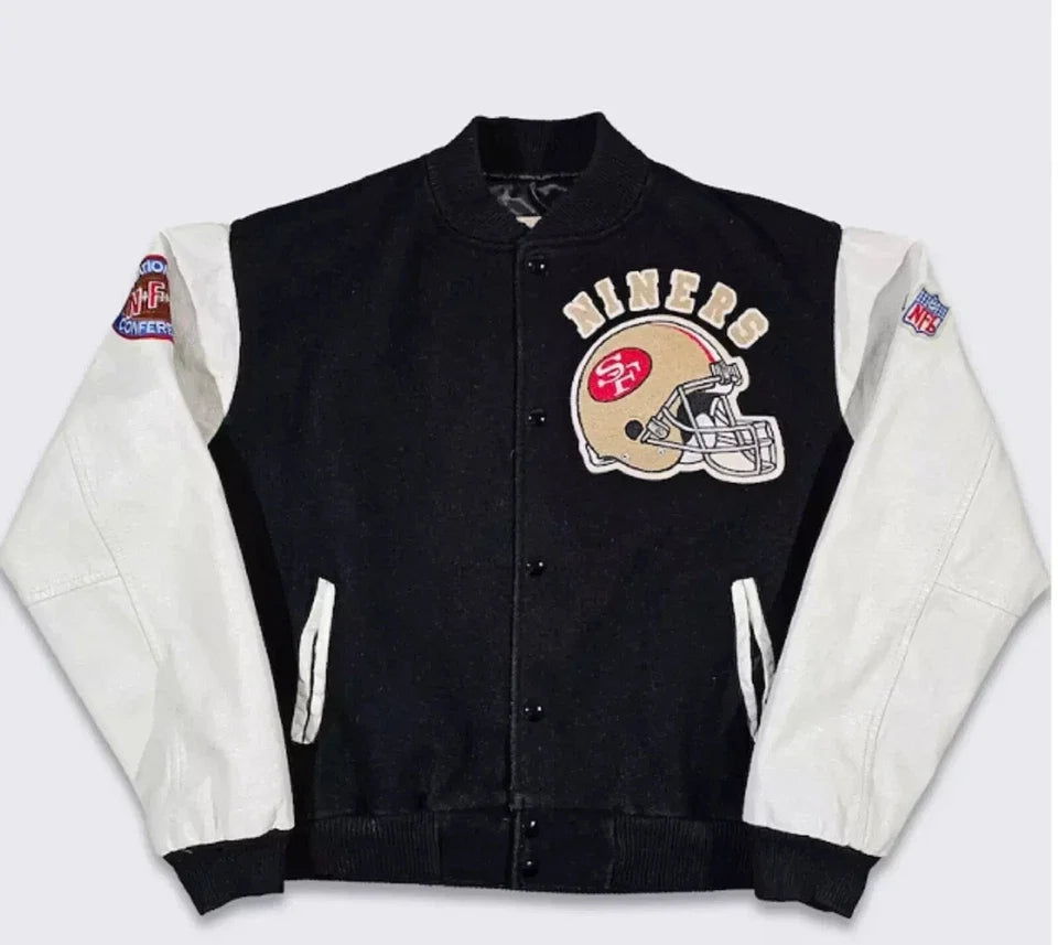 49ers Inspired 80's Wool Varsity Jacket with White Leather Sleeves